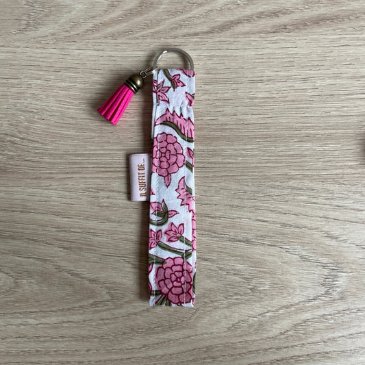 Porte-clé en tissus avec breloque - Coton fleurs roses